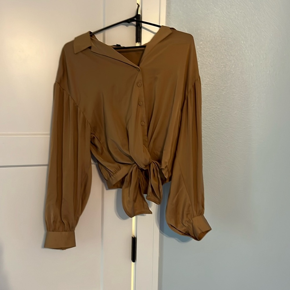 Express brown button down tie relaxed satin shirt